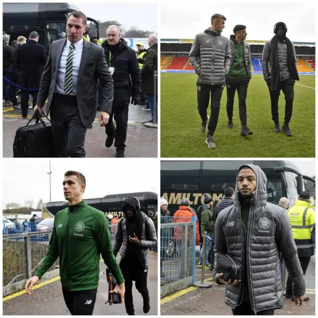 Clockwise from top left: Celtic manager Brendan Rodgers, the Celtic players stroll on the McDiarmid Park pitch, new signing Jeremy Toljan and defender Jozo Simunovic