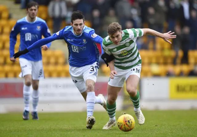 Celtic’s James Forrest breaks away from St Johnstone’s Scott Tanser