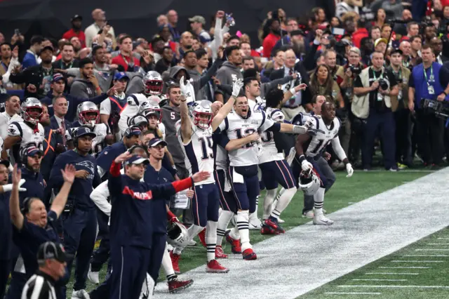 New England Patriots celebrate a missed field goal