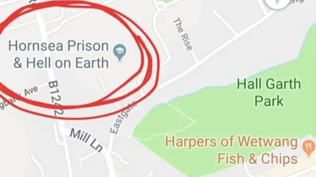 A Google Map saying Hornsea Prison and Hell on Earth