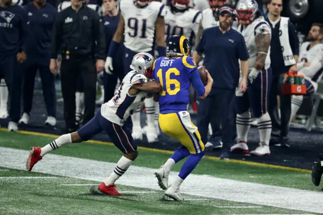 Jared Goff is slammed into by Jonathan Jones