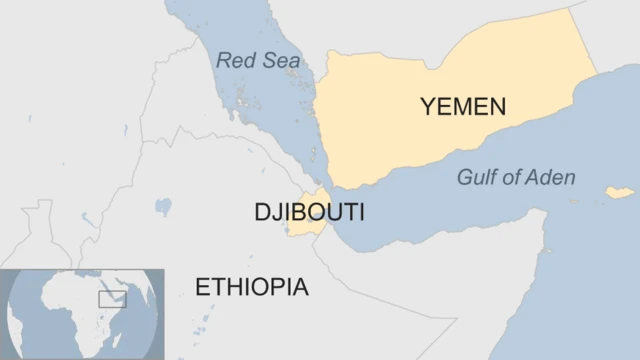 A map showing the relative locations of Yemen, Djibouti and Ethiopia to the Gulf of Aden and the Red Sea.