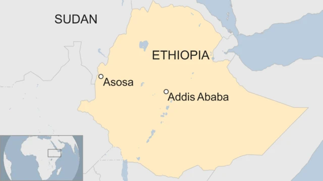 A map showing the location of Asosa in relation to neighbouring Sudan, and Ethiopia's capital, Addis Ababa.