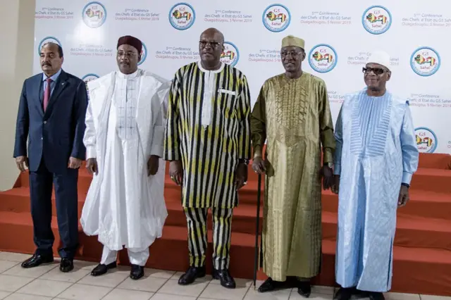 From Left: Mauritania's President Mohamed Ould Abdel Aziz, Niger's President Mahamadou Issoufou, Burkina Faso's President Roch Marc Christian Kabore, Chad's President Idriss Deby and Mali's President Ibrahim Boubacar Keita pose for a family photo during the G5 Sahel heads of State summit on Febuary 5, 2019 in Ougadougou, Burkina Faso.