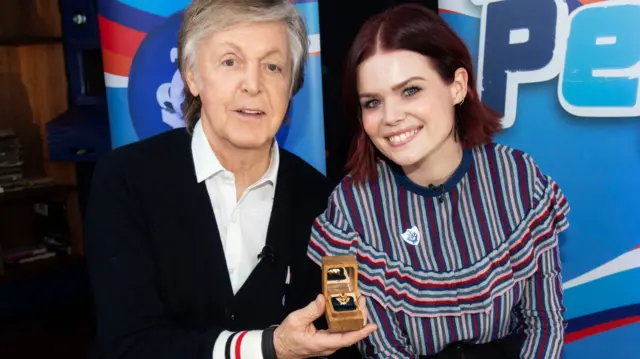 Paul McCartney with Blue Peter presenter Lindsey Russell.