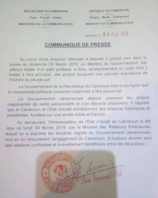 A copy of the press release from the Cameroonian government