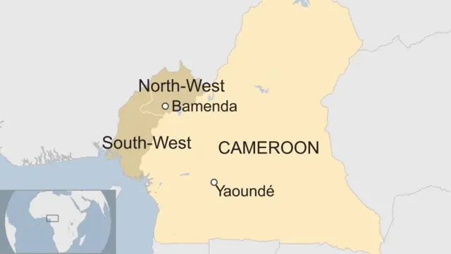 A map showing the location of the North-West and South-West regions in Cameroon