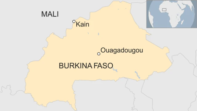 A map showing the location of the town of Kain in relation to the capital city, Ouagadoudou, and neighbouring Mali.