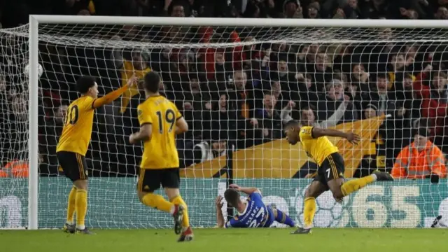 Wolverhampton Wanderers" Ivan Cavaleiro scores his side"s third goal of the game