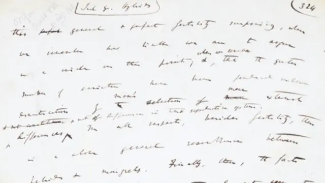 A page from the handwritten draft from Charles Darwin"s revolutionary "On the Origin of Species"