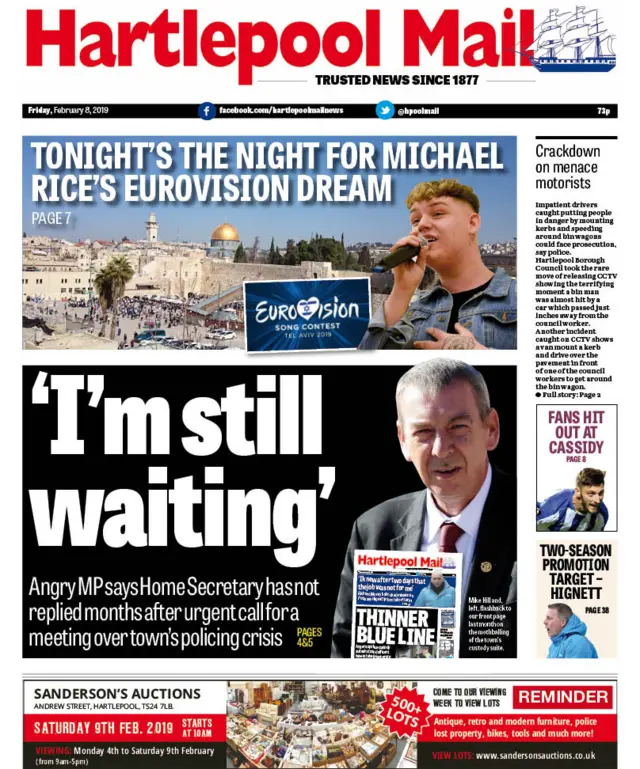 Hartlepool Mail front page, Friday 8 February 2019