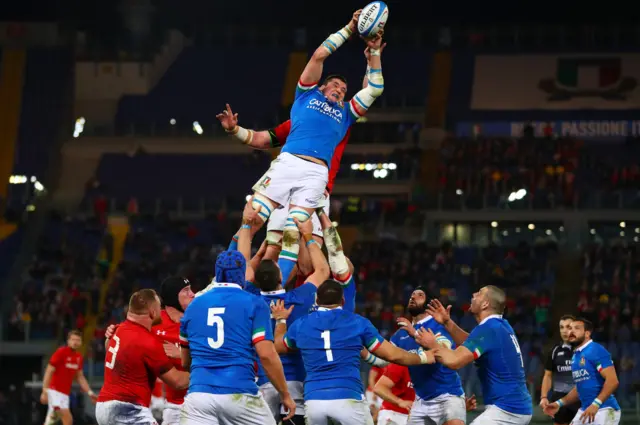 Sebastian Negri da Ollegio of Italy cliams the ball in the line-out