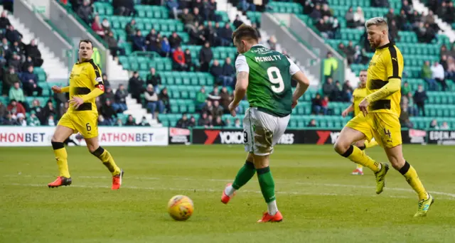 On-loan Marc McNulty slides in his first goal for Hibernian