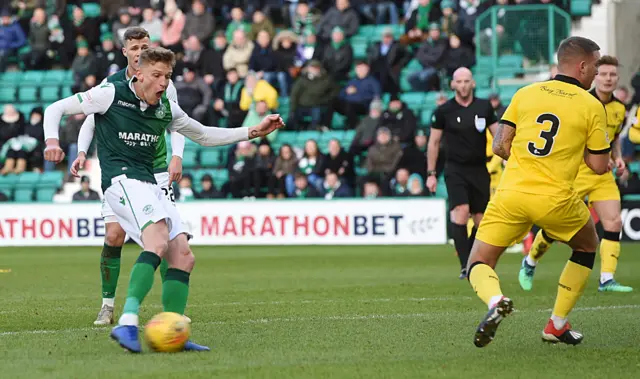 Vykintas Slivka fires home the second goal for Hibs at Easter Road