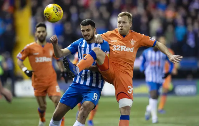 Kilmarnock’s Gary Dicker battles for the ball with Rangers’ Scott Arfield