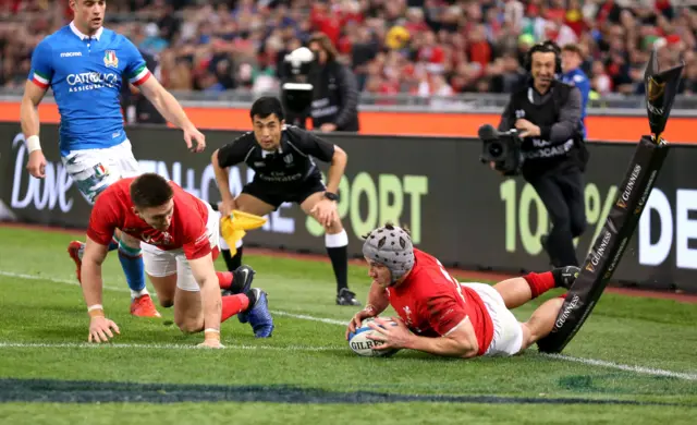 Wales' Jonathan Davies scores a try which is disallowed by the TMO