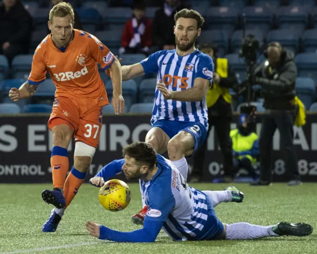 Kirk Broadfoot blocks a shot from Scott Arfield then falls with his arm on top of the ball