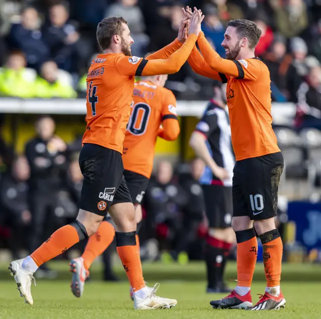 Dundee United's Pavel Safranko celebrates his goal with Nicky Clark.