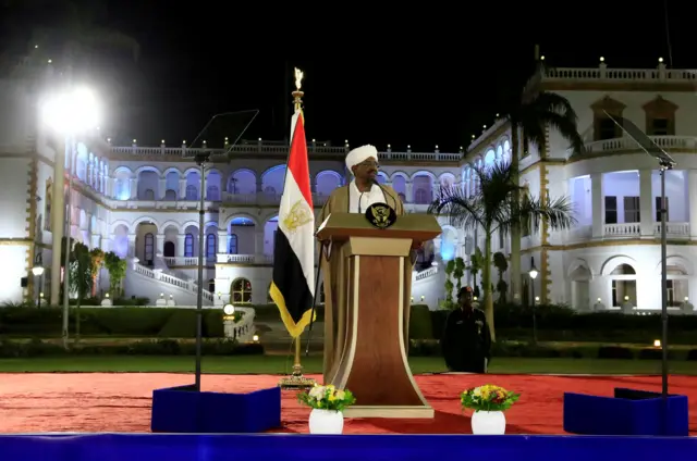 Sudan"s President Omar al-Bashir delivers a speech at the Presidential Palace in Khartoum, Sudan February 22, 2019