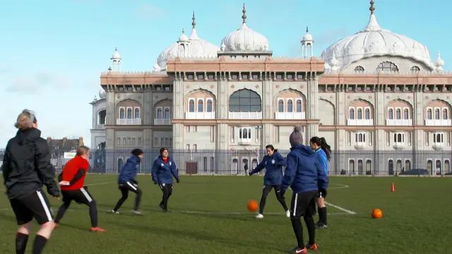 Guru Nanak Ladies playing outside the Sikh temple in Gravesend
