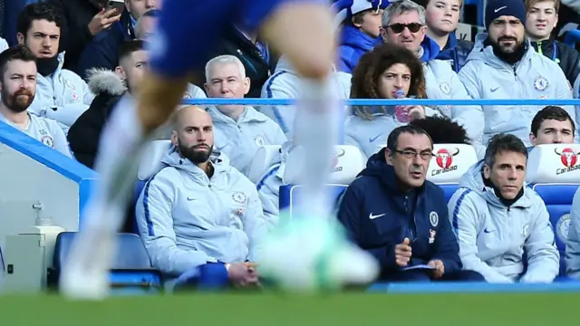 The Chelsea bench, including Gianfranco Zola