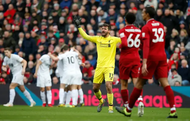 Alisson protests after Burnley's opening goal