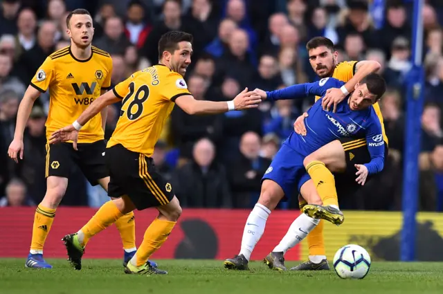 Eden Hazard surrounded by Wolves players