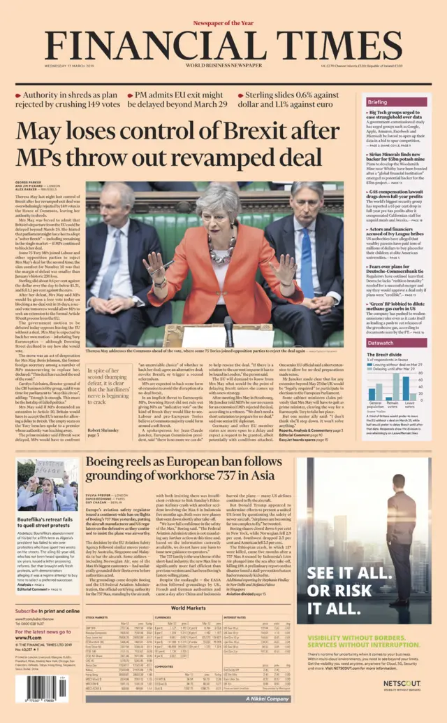 FT front page - 13 March 2019