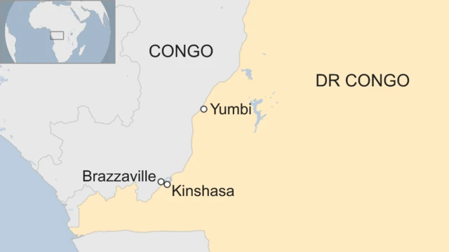 A map showing the location of Yumi in DR Congo, in relation to the capital city, Kinshasa.