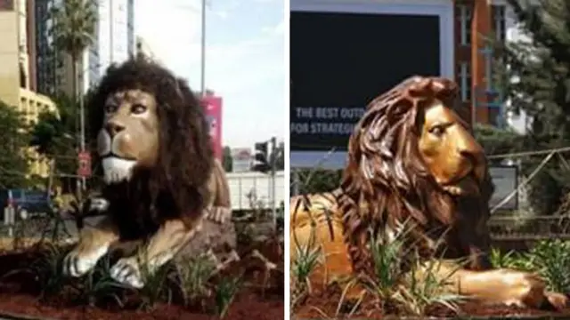 The original lion statue and its replacement