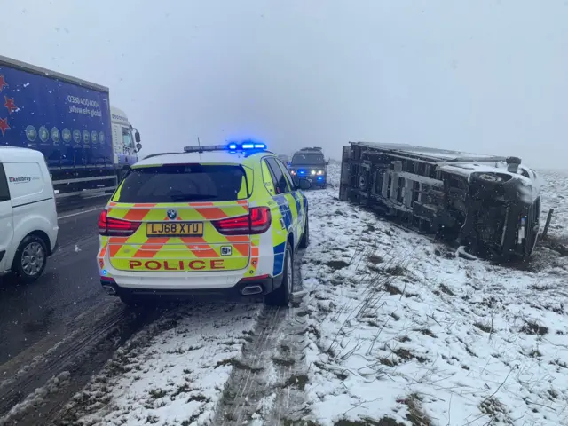 A lorry on its side