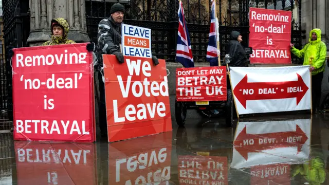 Pro-Brexit protesters demonstrate outside the Houses of Parliament