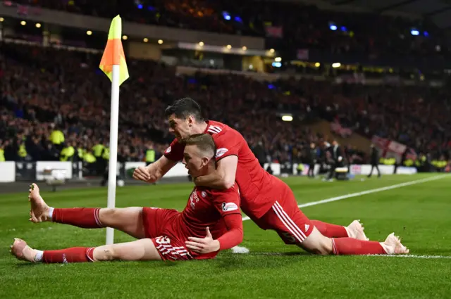 Lewis Ferguson celebrates scoring for Aberdeen against Rangers