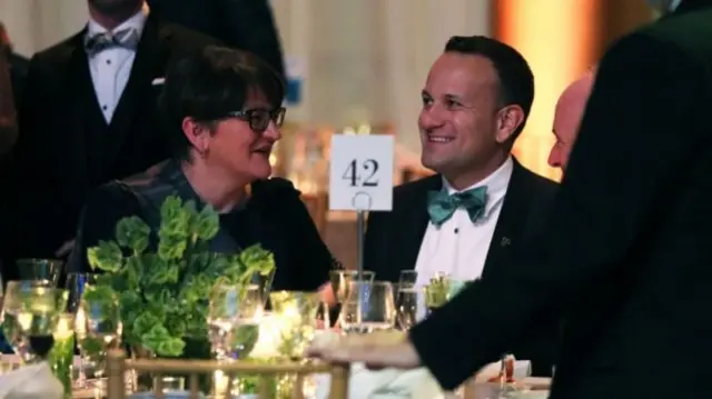 Taoiseach (Irish prime minister) Leo Varadkar (right) in conversation with DUP leader Arlene Foster