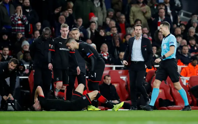 Rennes manager Julien Stephan looks on