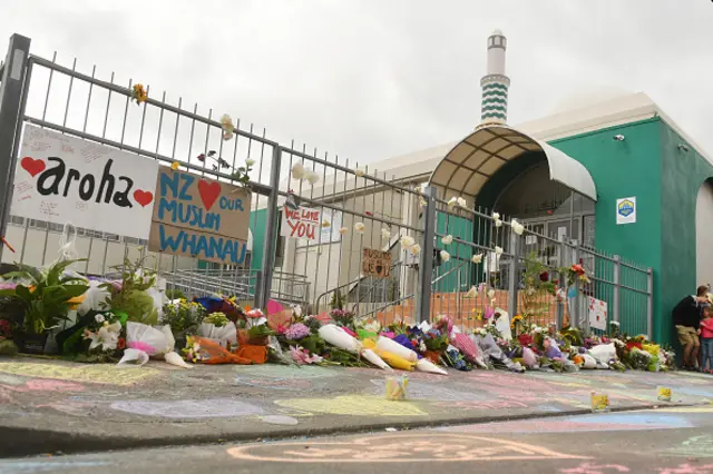 Flowers are placed outside a Mosque in Kilbirnie, Wellington