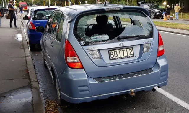 Car with shattered windows in Christchurch