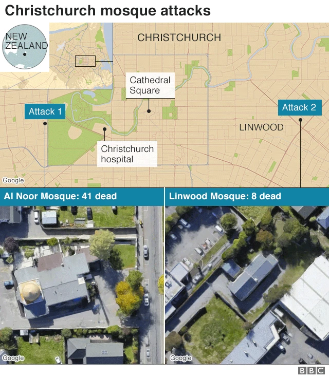 A map of the terror attack in Christchurch 15 March 2019