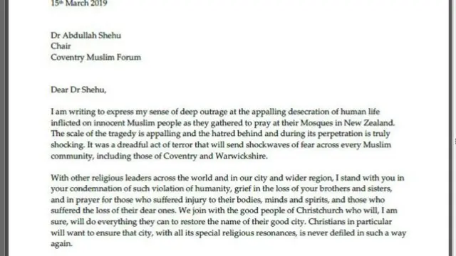 Bishop of Coventry letter