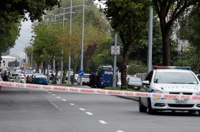 Police cordon off the area in front of the Masjid al Noor mosque after a shooting incident in Christchurch