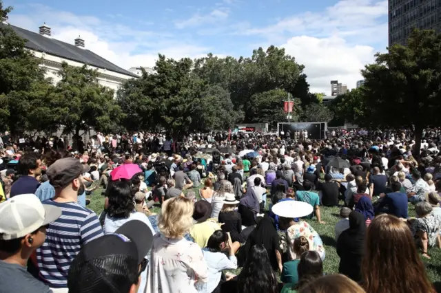 A large crowd assembles in Aotea Square for a memorial to remember the victims of the Christchurch mosque shootings in Auckland, New Zealand