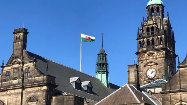 The Welsh flag above the town hall