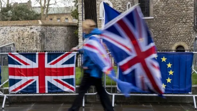 A protester carrrying flags walks past the Union (L) and EU flags of anti-Brexit activists