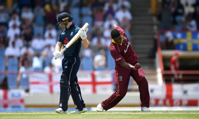 Oshane Thomas celebrates the wicket of Eoin Morgan