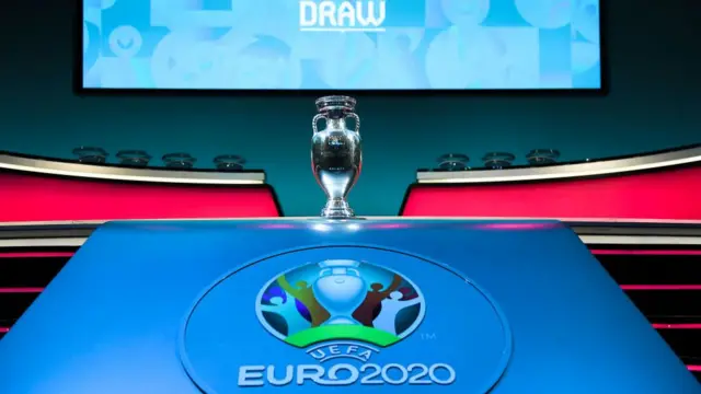 The Henri Delaunay Trophy on stage during the UEFA Euro 2020 Draw