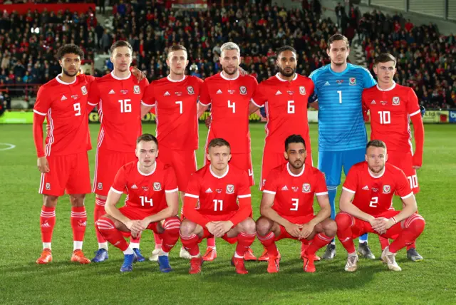 Wales line-up at the Racecourse Ground