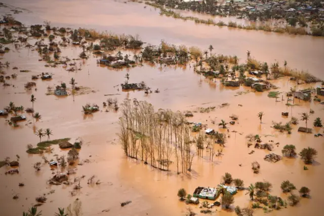 An aerial view shows the flooded plane surrounding Beira, central Mozambique