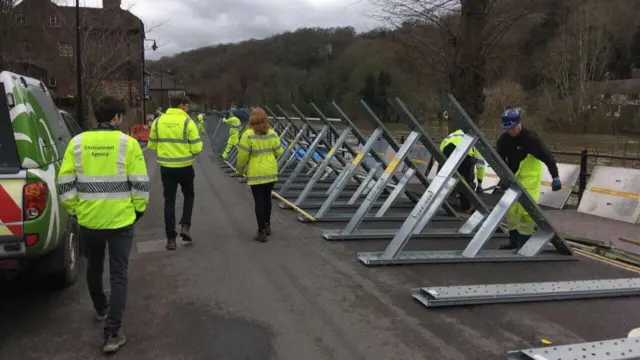 Flood barriers being removed in Ironbridge last night