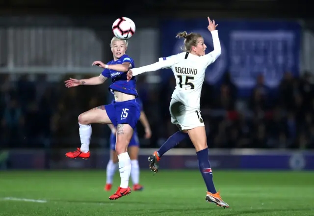 Beth England (left) of Chelsea and Emma Berglund of PSG