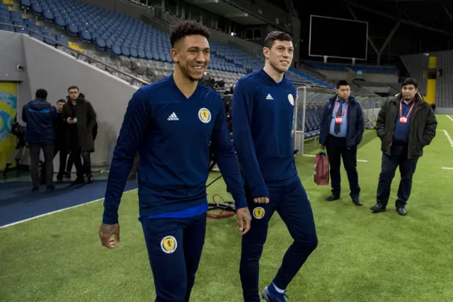 Scotland's Liam Palmer and Scott McKenna at Astana Arena